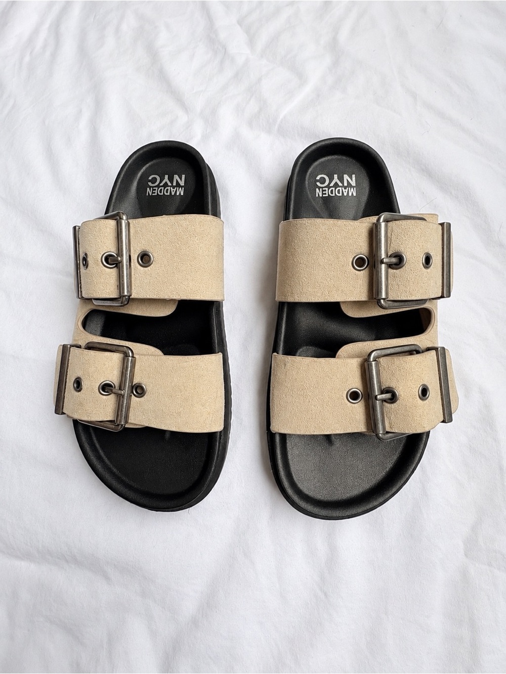 Madden NYC Double Buckle Slide Sandals Beige Black Size 9
